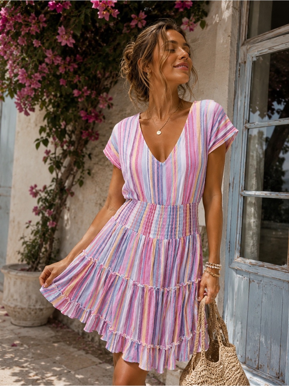 Pastel Stripe Smocked Small Mini Dress Open Back Boho Coastal Cottagecore
